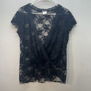 90s Y2K Lace V Neck Faux Wrap Top Black Sheer Whimsigoth Witchy Dark Romantic M